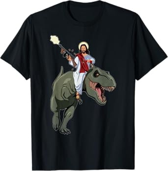 Gun Jesus Riding A T-rex Dinosaur Funny Christian Dino Lover T-Shirt