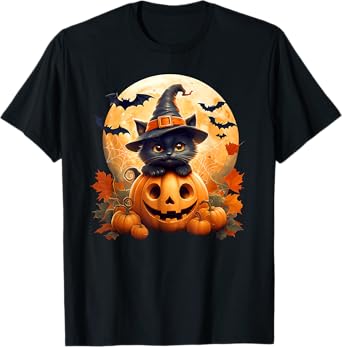 Black Cat Witch Pumpkin Halloween Costume Retro Fall Autumn T-Shirt