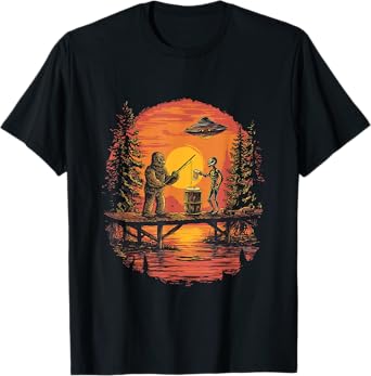 Funny Bigfoot and Alien Fishing Craft Beer Gifts for Men T-Shirt