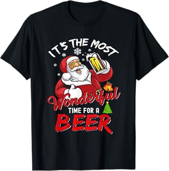 Funny Christmas Santa Claus Drinking Beer Wonderful Time T-Shirt