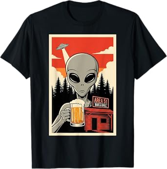 Alien with Beer at Area 51 Bar and Grill Funny UFO Pub Joke T-Shirt