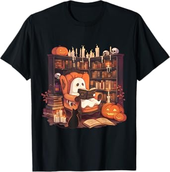 Retro Ghost Reading Books With Black Cat Librarian Halloween T-Shirt