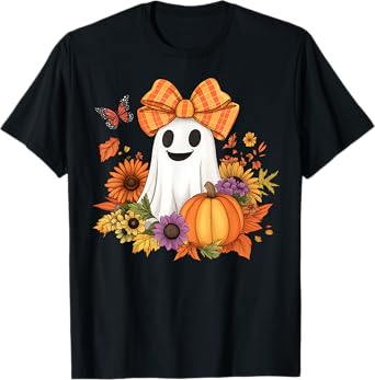 Retro Floral Boo Ghost Pumpkin Bow Halloween Women Kids T-Shirt
