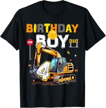 4th Birthday Boy 4 Years Old Excavator Four Decorations T-Shirt