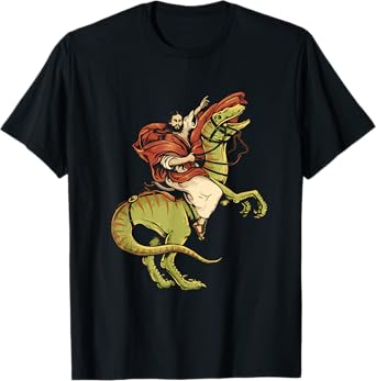 Jesus Riding Dinosaur Velociraptor funny jesus christ T-Shirt