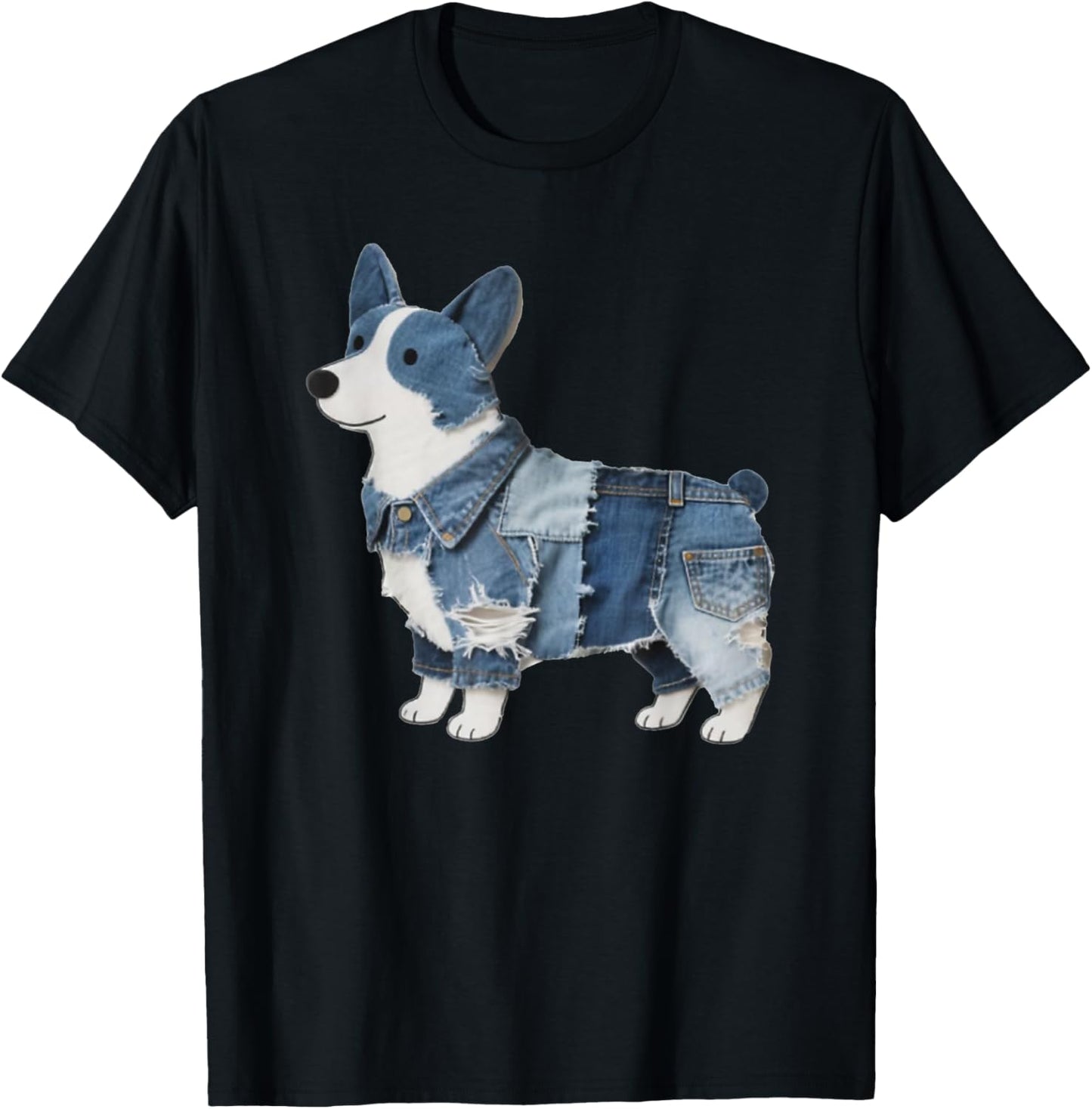 Cute Denim Dog Corgi Pattern Patchwork Art Corgi Denim T-Shirt