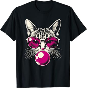 Cat in Pink Glasses Pink Bubble Men Women Kids Funny Cat T-Shirt