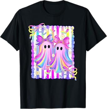 Colorful Aesthetic Halloween Ghosts Girly Girls Coquette Bow T-Shirt