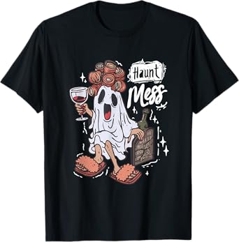 Retro Haunt Mess Ghost Halloween Ghost Drink Wine Womens T-Shirt