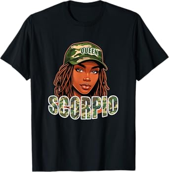 Scorpio Queen Black Woman Camo Hat Locs Birthday T-Shirt
