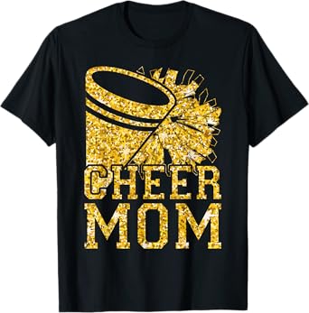 Cheer Mom Biggest Fan Cheerleader Black Yellow Pom Pom T-Shirt