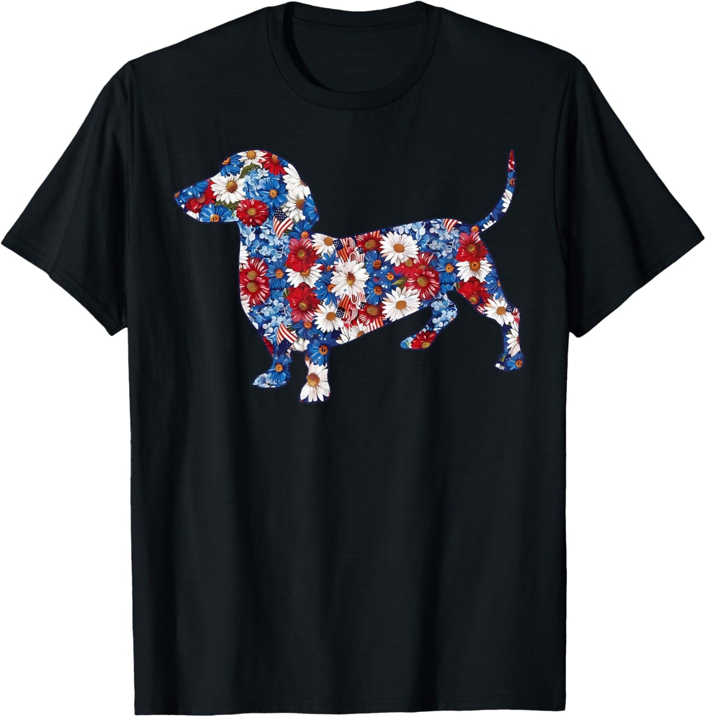Cute Dachshund Flower Red White Blue US Flag 4th Of July T-Shirt