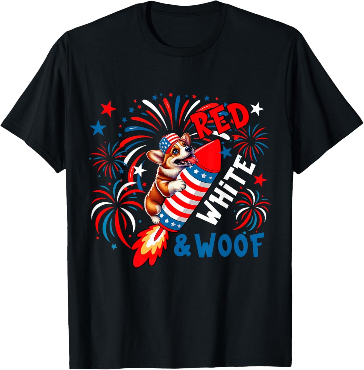 Red White And Woof 4th July Us Flag Corgi Riding Firecracker T-shirt