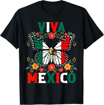 Viva Mexico Mexican Butterfly Independence Day Flag Mexico T-Shirt