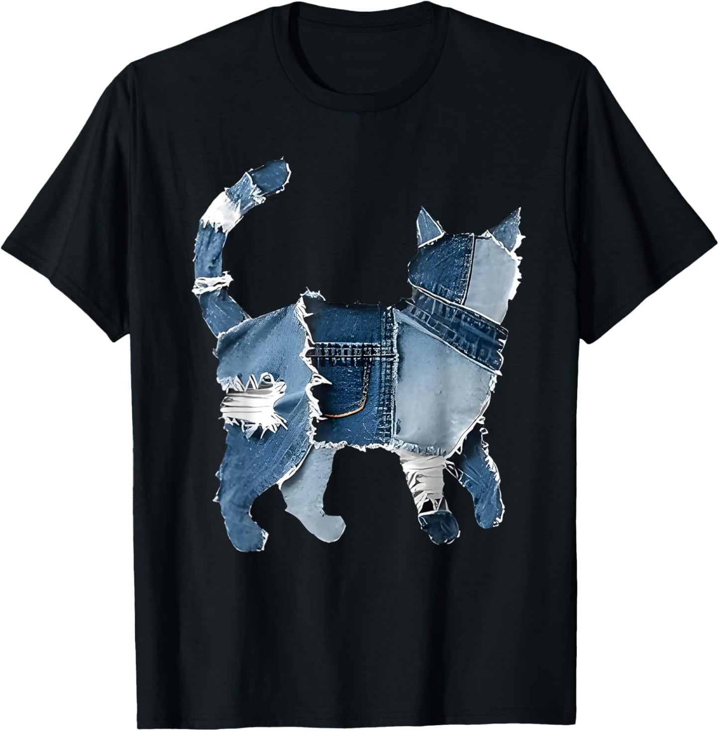 Retro Funny Denim Patch Animal Cat Print Cat Kitten T-Shirt
