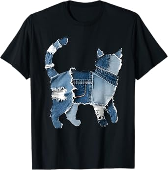 Retro Funny Denim Patch Animal Cat Print Cat Kitten Men Women T-Shirt