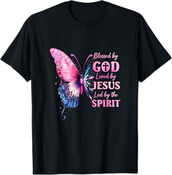 Blessed By God Loved By Jesus Pink Butterfly Christian T-Shirt