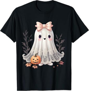 Lace Ghost Halloween Coquette Bow Vintage Women Girls T-Shirt