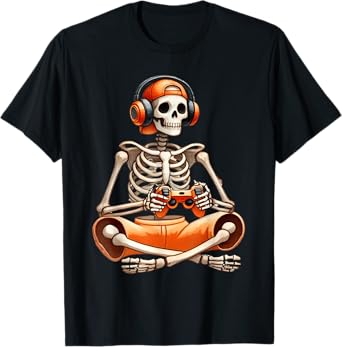 Funny Skeleton Video Game Halloween Gaming Gamer Boys Men T-Shirt