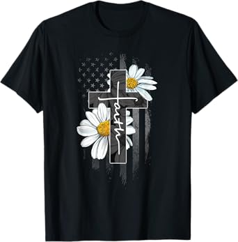 Faith Cross Christian Daisy Flower American Flag T-Shirt for Women Men