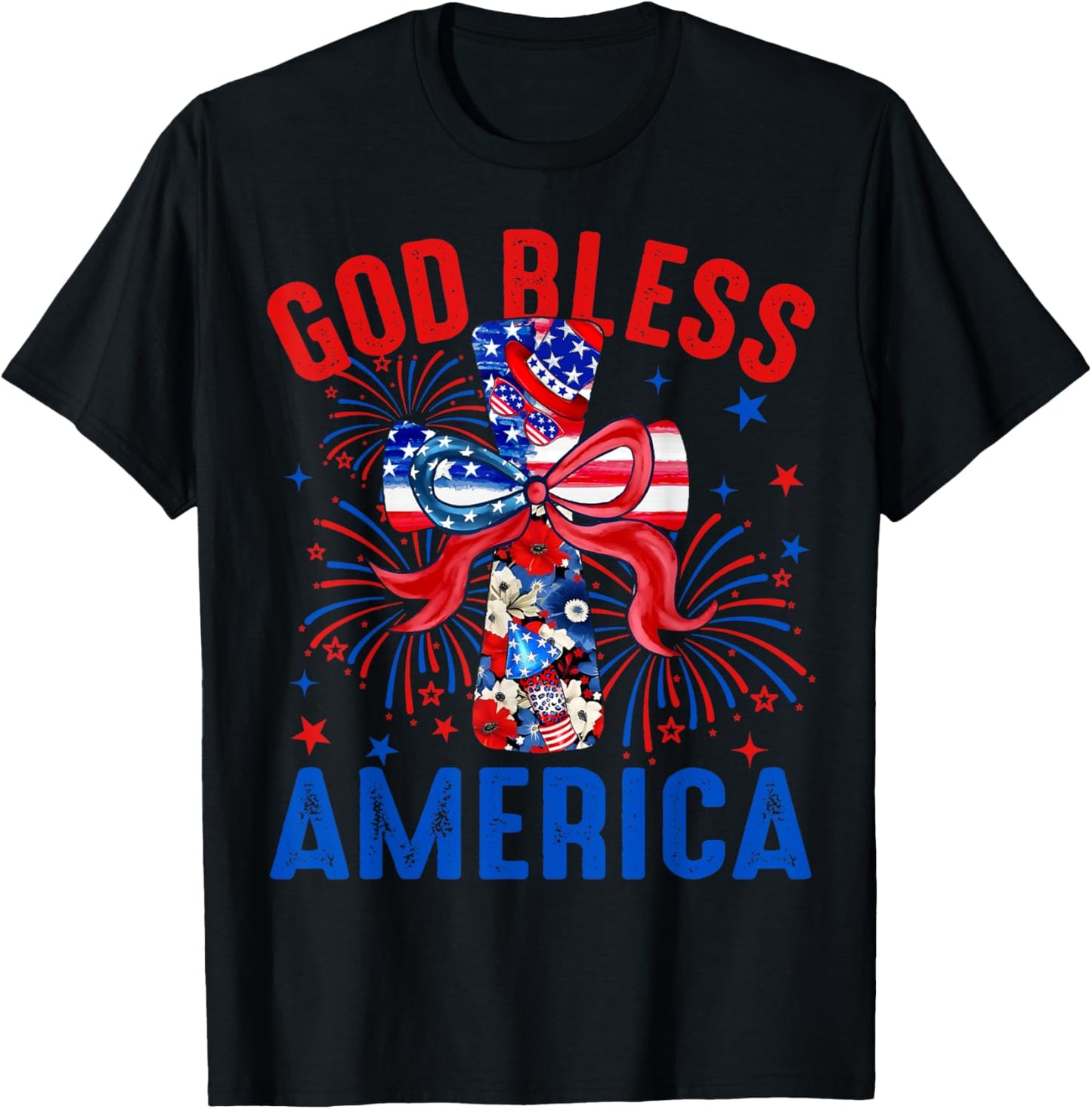 God Bless America Coquette Bow Cross 4th July Christian T-Shirt