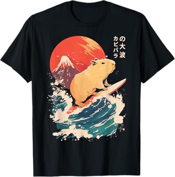 Japanese Capybara Surfing Wave Great Wave Japan T-Shirt