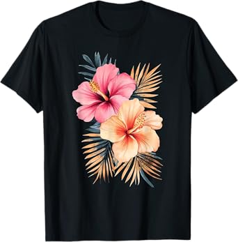 Watercolor Tropical Hibiscus Flowers Floral Summer Women T-Shirt