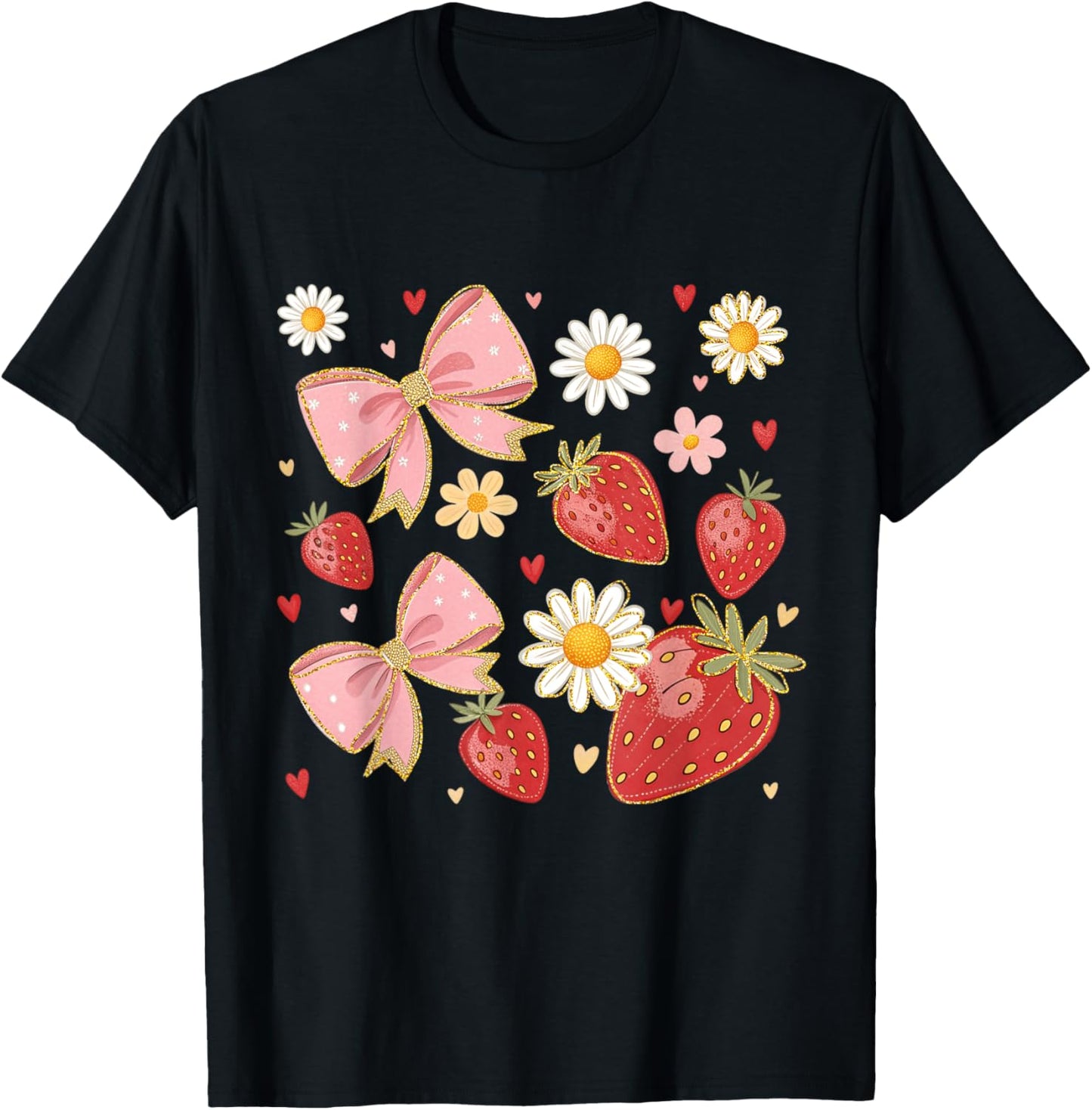 Girly Floral Strawberry Summer Fruit Coquette Bow Botanical T-Shirt