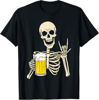 Skeleton Drinking Beer Funny Halloween Costume Party Spooky T-Shirt