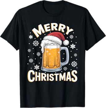Funny Christmas Pajama Outfit Men Women Beer Mug Santa Hat T-Shirt