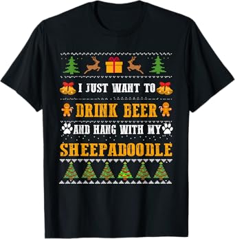 Drink Beer Funny Sheepadoodle Lovers Ugly Christmas Sweater T-Shirt