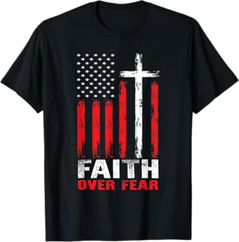 Faith Over Fear Christian Cross American Flag Distress T-Shirt