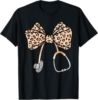 Vintage Leopard Coquette Bow Stethoscope Nursing Assistant T-Shirt