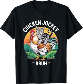 Funny cat riding chicken jockey bruh meme T-Shirt for Men Women Kids