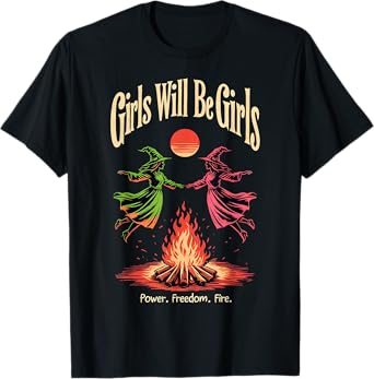 Girl Will Witch Be Girls Feminist Halloween Witch Pink Green T-Shirt