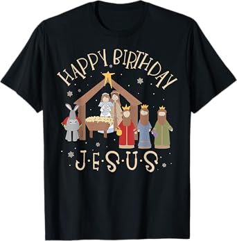 Merry Christmas Tee Unisex-Christian Family Group Children Nativity Happy Birthday Jesus Christmas Nativity Christian T-Shirt Black Small Crew Neck Short Sleeve Cotton Blend T-Shirt