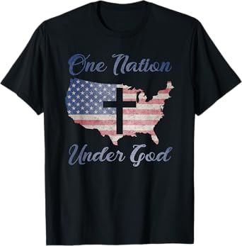ONE NATION UNDER GOD Christian Cross American Flag USA Map T-Shirt