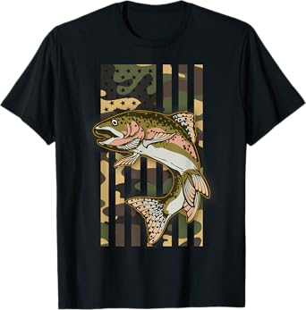 Trout Fishing Camo American Flag Rainbow Trout Fisherman T-Shirt
