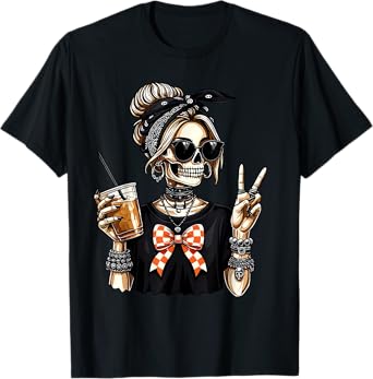 Skeleton Girl Drinking Coffee Peace Sign Graphic for Women T-Shirt