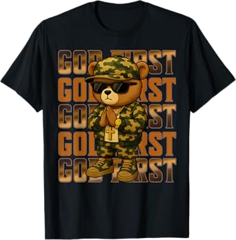 God First Camo Hip Hop Teddy Bear Christian Streetwear Men's T-Shirt