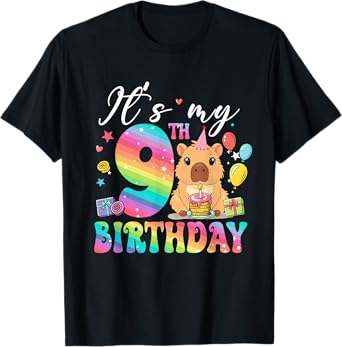Its My 9th Birthday Capybara Rainbow Funny 9 Year Old Bday T-Shirt