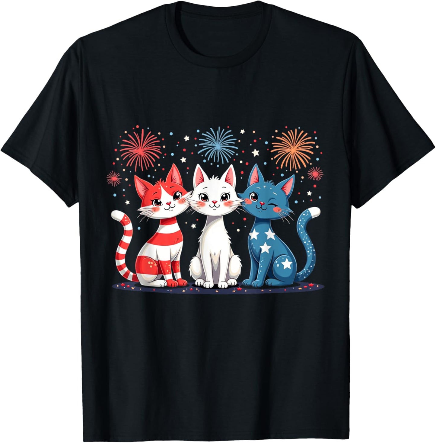 Red White Blue Cats Usa Flag Firework 4th Of July Men Women T-shirt