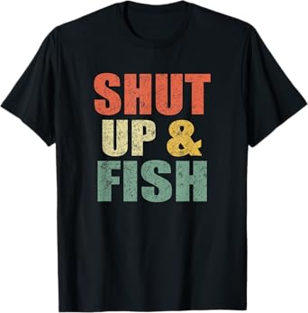 Funny Mens Shut Up and Fish Bass Fishing Dad Retro Fisherman T-Shirt