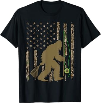 Bigfoot Fly Fishing Sasquatch American Flag Tree Camouflage T-Shirt for Women Men