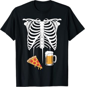 Skeleton Beer Pizza Halloween Funny Pregnancy Couple T-Shirt