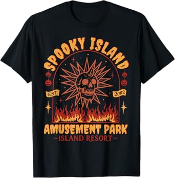 Spooky Island Vintage Skull Flame Retro Halloween Design T-Shirt