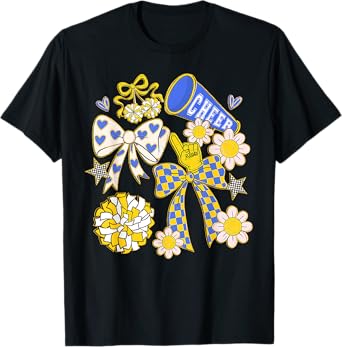Blue & Gold Cheer Football Game Day Retro Coquette Bow T-Shirt