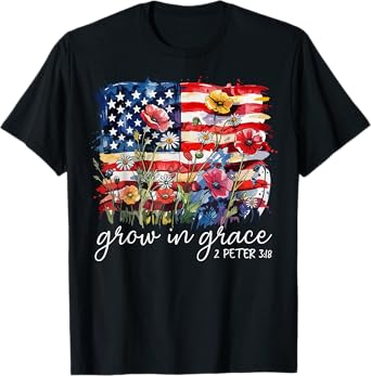 USA Flag Wildflower Grow In Grace Religious Faith Christ T-Shirt