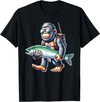 Fishing Bigfoot Lover Gift Co. Steelhead Fishing Bigfoot Trout River Unisex-Adults & Kids T-Shirt, Black, Small, Short Sleeve