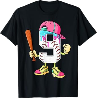 Baseball 9th Birthday Boy Ice Cream Drip 9 Year Old Birthday T-Shirt